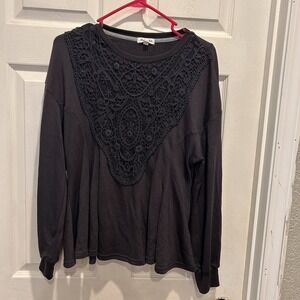 Skylar + Jade Dark Gray Crochet Lace Inset Long Sleeve Peplum Sweatshirt Large